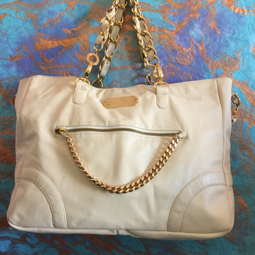 CC Skye Cream Leather Tote with Gold Chain Handles